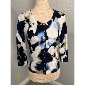 EUC White House Black Market Floral Blue Black Cardigan Blue Rhinestones Sz S